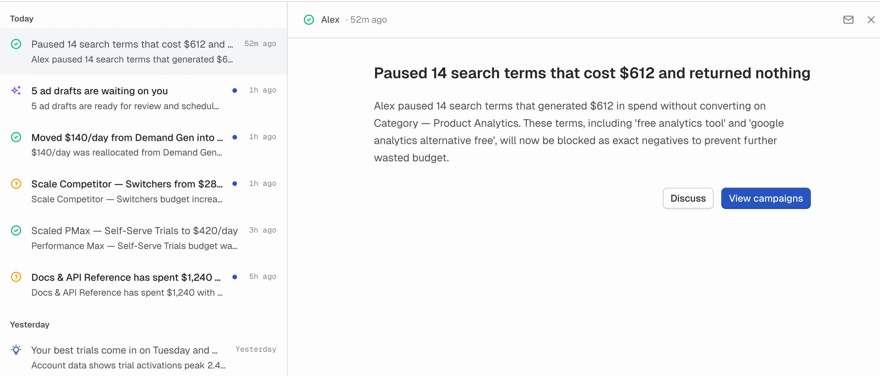 The activity log: a timeline of what Alex did, with the selected entry explaining which fourteen search terms were paused and why.
