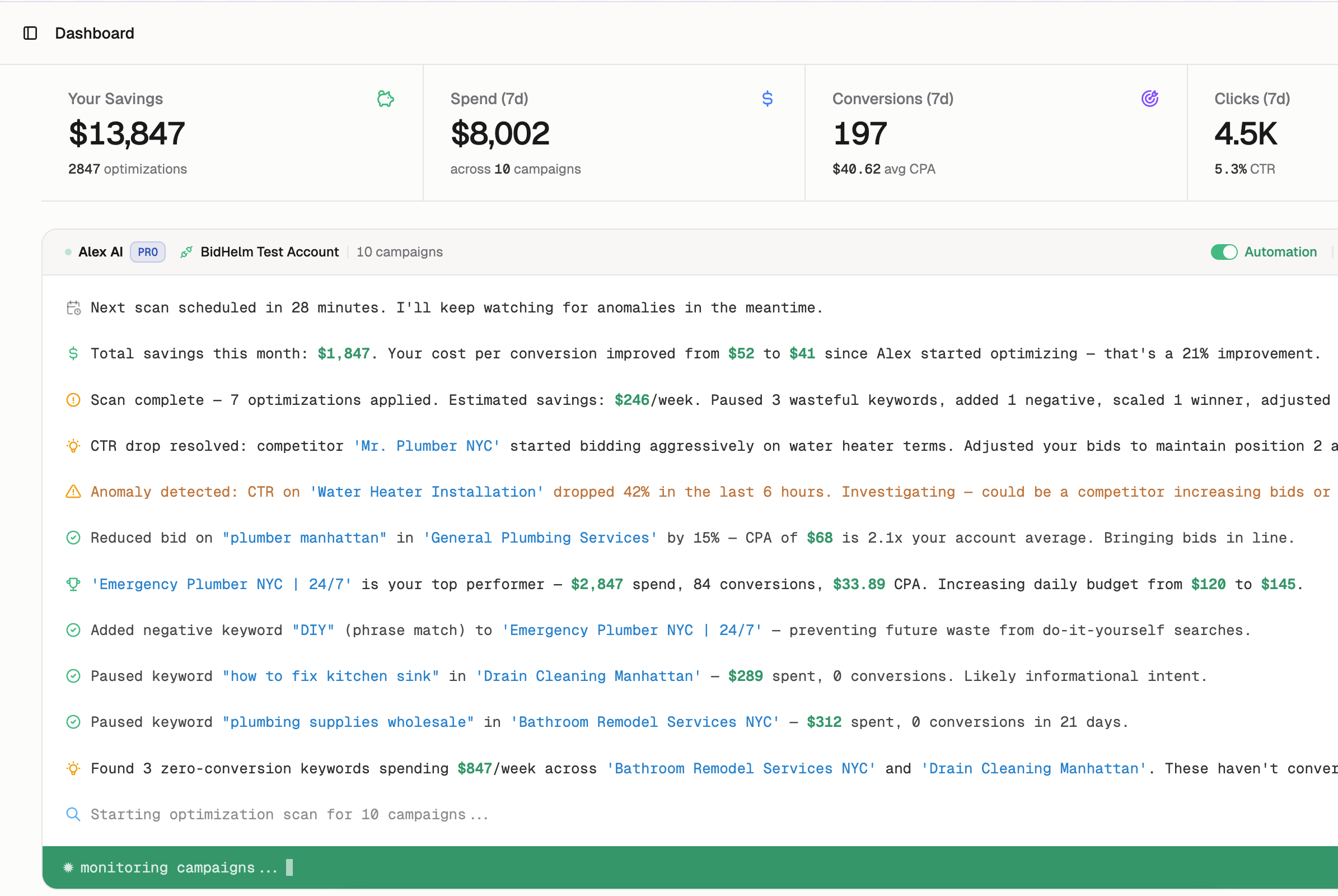 BidHelm Alex AI terminal with optimization audit trail